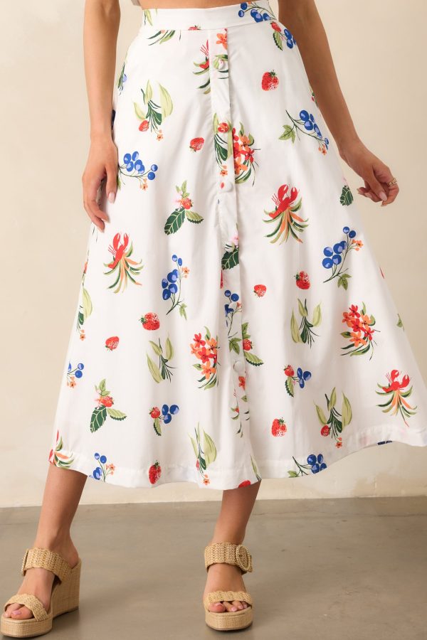 Not In A Rush White Cotton Coastal Print Midi Skirt For Cheap