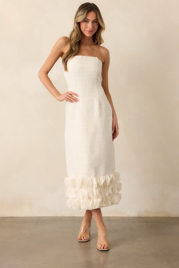 Caught In The Moment Ivory Tweed Strapless Midi Dress For Cheap - Image 5
