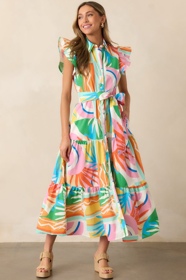 Paradise Ahead Pink Multi Print Button Front Maxi Dress Cheap - Image 3