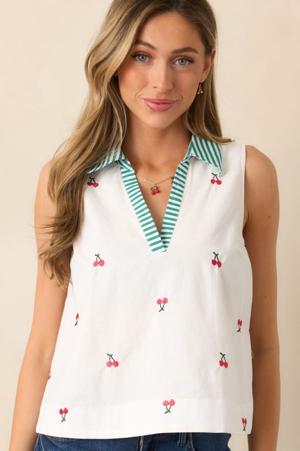 Summer Breeze Cotton Ivory Cherry Sleeveless Blouse Fashion
