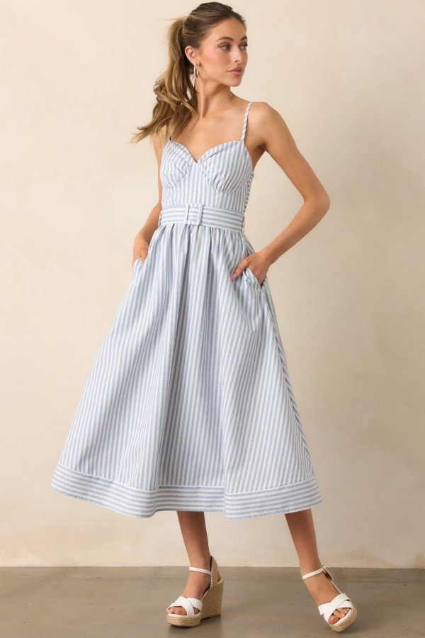 Every Little Thing Light Blue Stripe Belted Midi Dress Discount