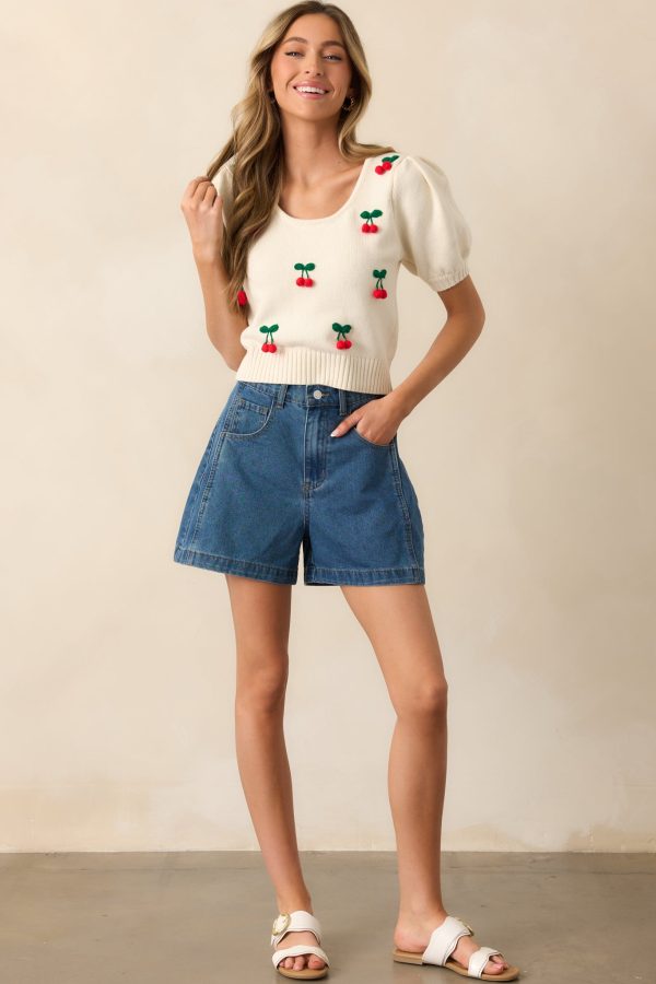 As The Story Unfolds Ivory Cherry Embroidered Knit Top Hot on Sale - Image 4