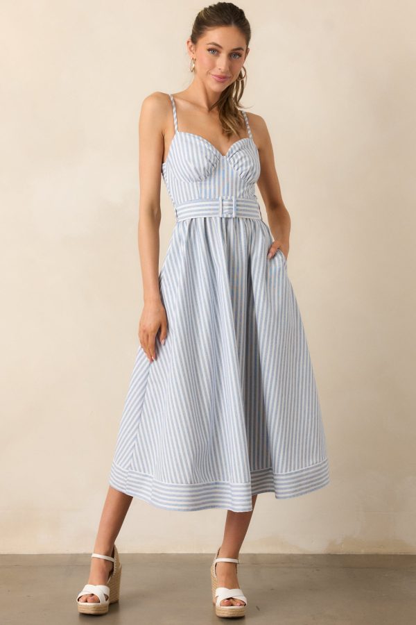 Every Little Thing Light Blue Stripe Belted Midi Dress Discount - Image 5