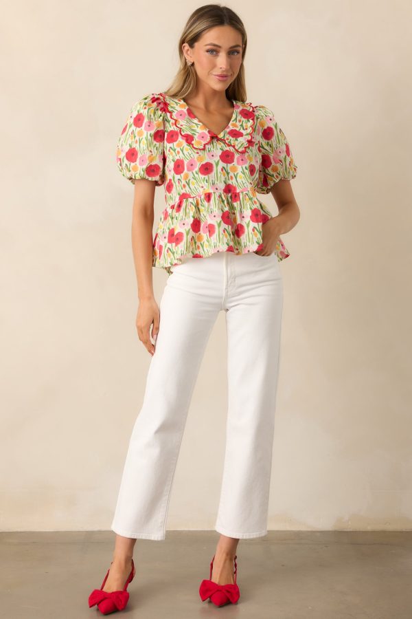 Afternoon Bliss Cotton Red Floral Puff Sleeve Blouse Online Hot Sale - Image 3