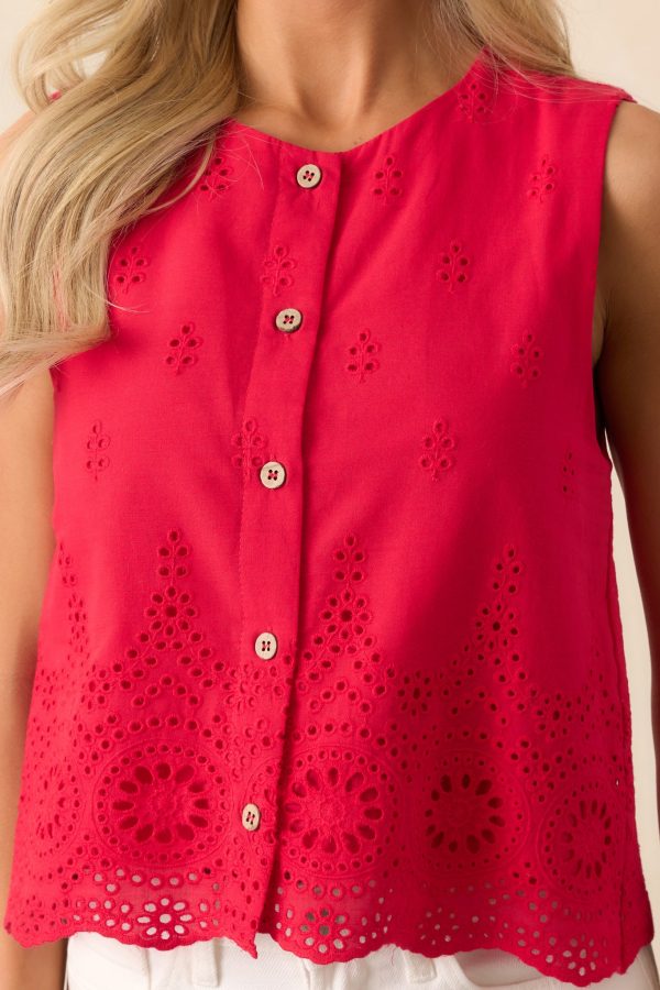 Say No More Red Cotton Eyelet Embroidered Button Front Top For Discount - Image 3