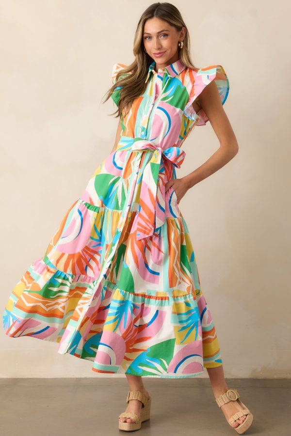 Paradise Ahead Pink Multi Print Button Front Maxi Dress Cheap
