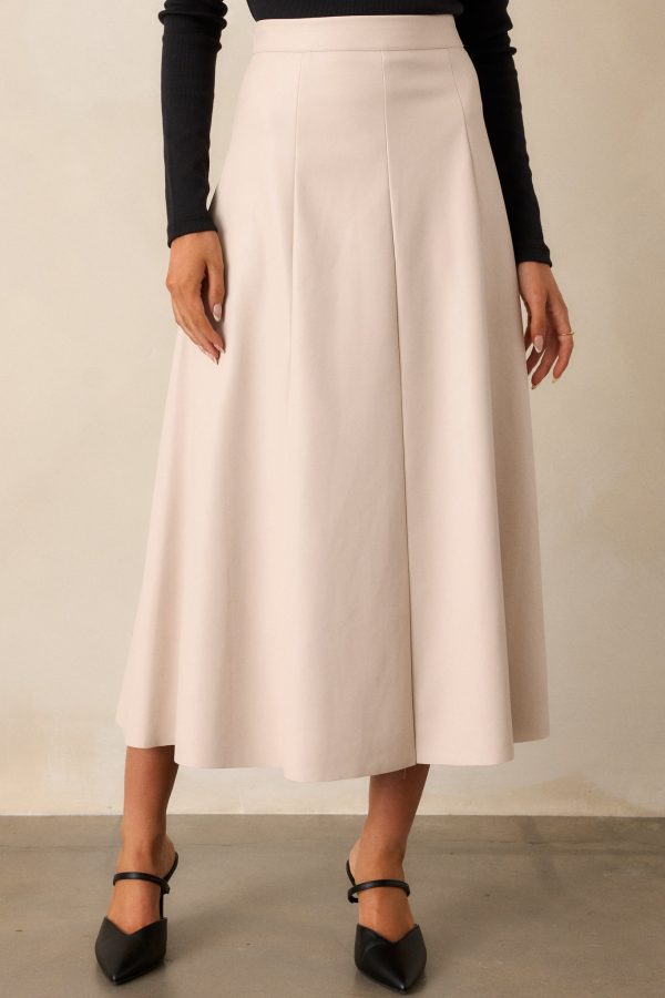 Harvested Hues Ecru Beige Faux Leather Midi Skirt Online Sale - Image 4