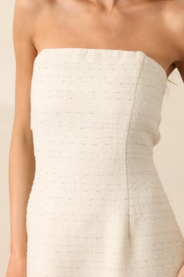Caught In The Moment Ivory Tweed Strapless Midi Dress For Cheap - Image 2