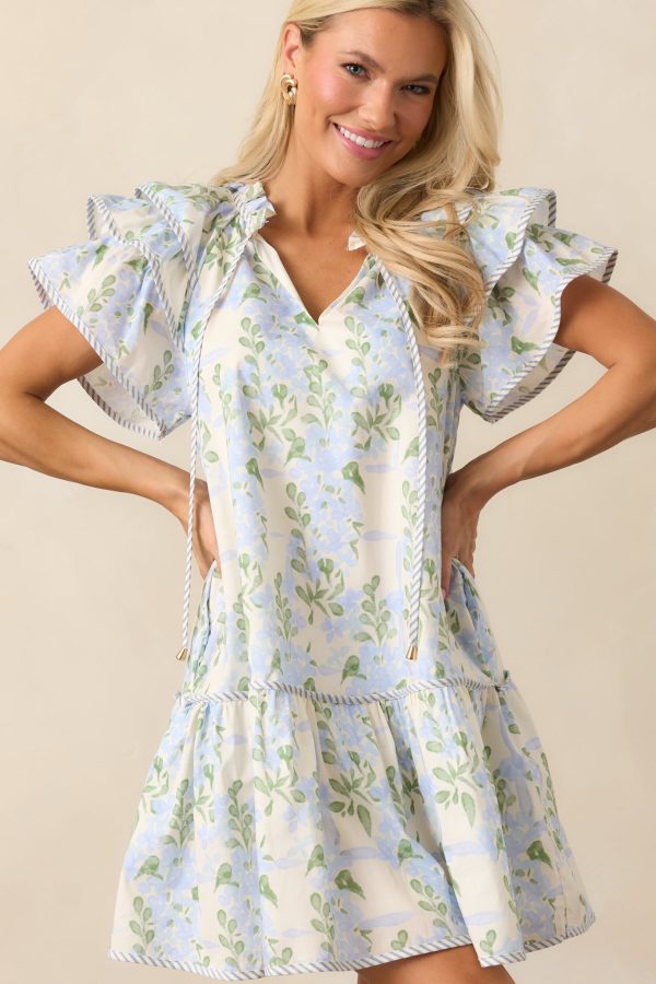 Garden Of Dreams Cotton Blue Flutter Sleeve Mini Dress Online Hot Sale