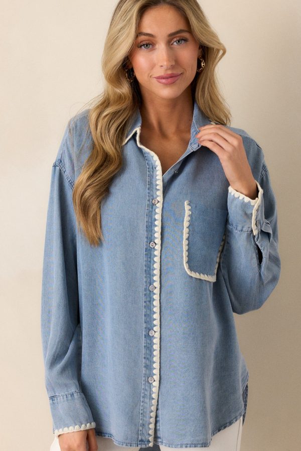 Cool Breezes Light Chambray Button Front Top Online Sale - Image 3