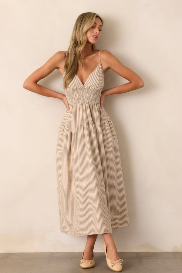 Sweet Harmony Tan Stripe Sleeveless Midi Dress Sale - Image 2