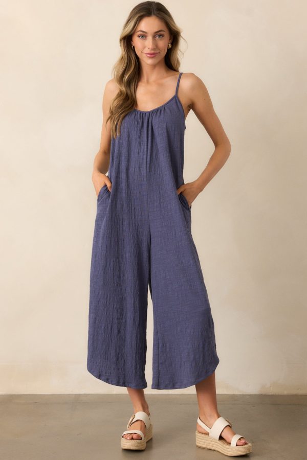 Z Supply Worn Blue Textured Flared Jumpsuit For Sale - Image 2