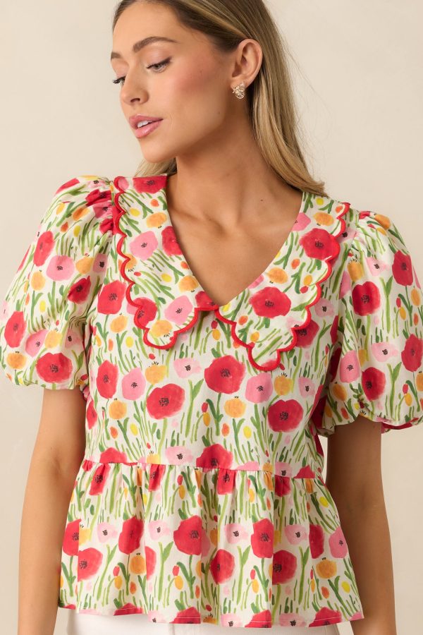 Afternoon Bliss Cotton Red Floral Puff Sleeve Blouse Online Hot Sale - Image 5