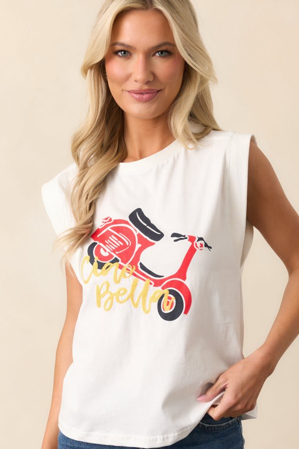 Ciao Bella White Cotton Cap Sleeve Graphic Tee Hot on Sale - Image 5
