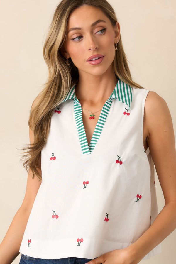 Summer Breeze Cotton Ivory Cherry Sleeveless Blouse Fashion - Image 5